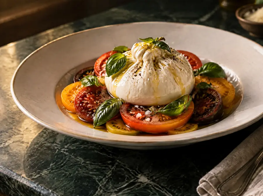 Burrata, tomates anciennes