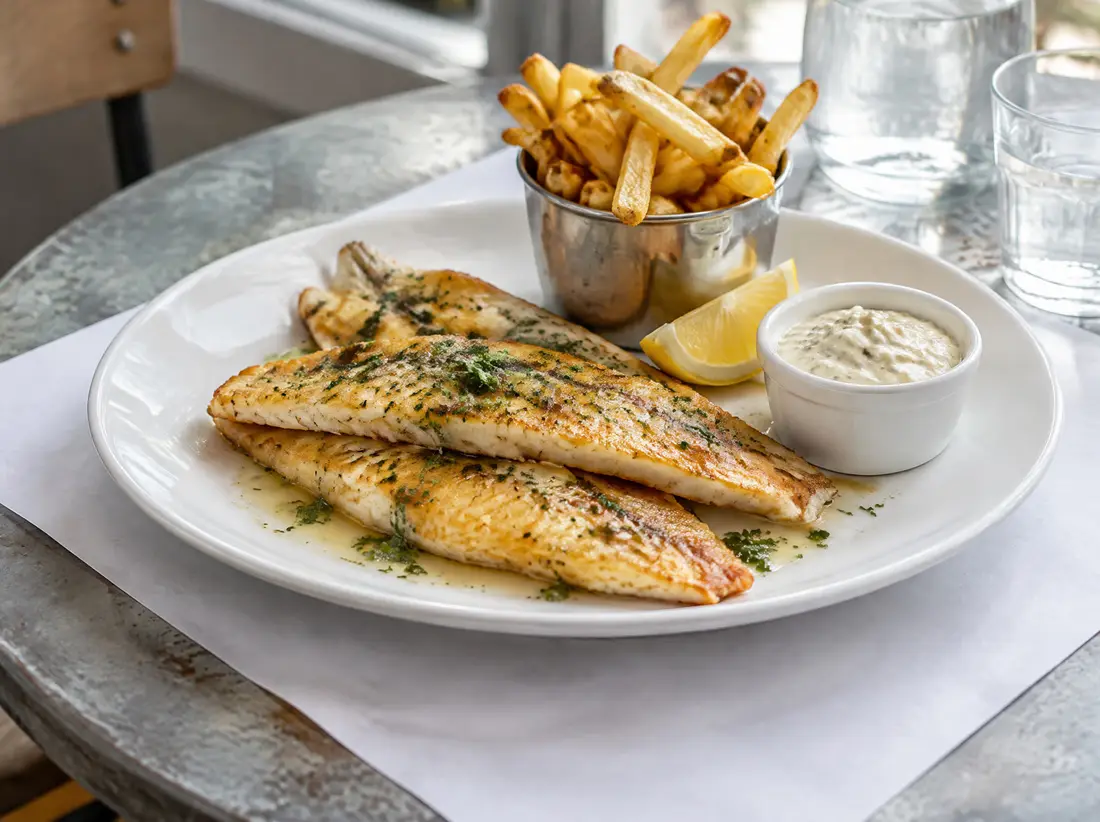 Filets de perche meunière, frites et sauce tartare